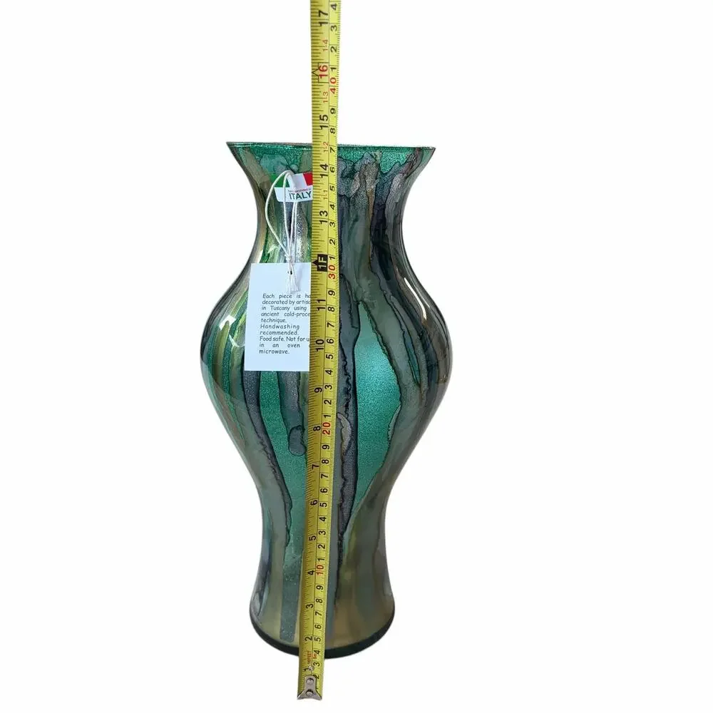 Italian Murano Art Glass Vase 14.5in Green Blue Gold Glitter Swirl Hand Blown